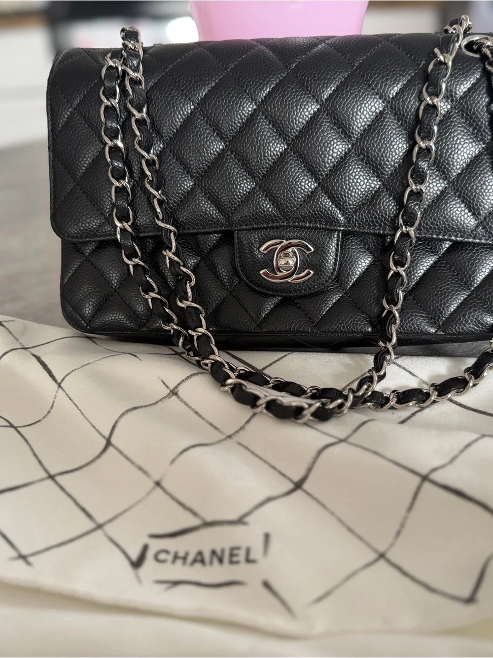 CHANEL Black Quilted Leather Shoulder Bag with Silver Hardware